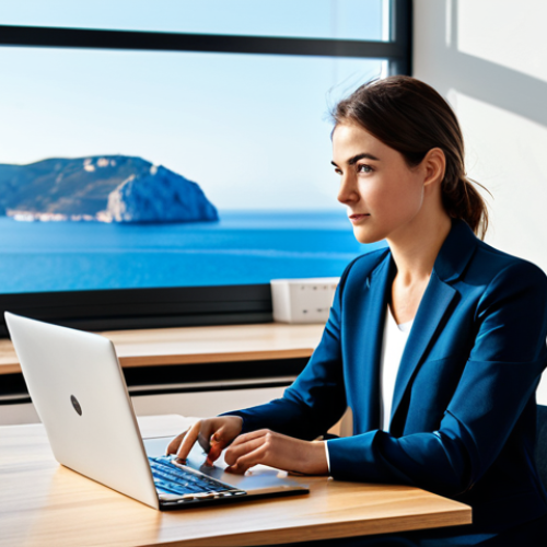 Home 4 A professional business person in a modest business casual outfit, fully clothed, appropriate attire, professional dress, sitting comfortably at a sleek, minimalist desk, focused on a laptop screen, natural pose. The setting is a modern, sunlit co-working space with large windows overlooking the stunning Mediterranean Sea and the iconic Rock of Gibraltar. Digital interface elements are subtly visible on the screen, representing fast connectivity. The space features clean lines and abundant natural light. safe for work, appropriate content, fully clothed, professional, perfect anatomy, correct proportions, well-formed hands, proper finger count, natural body proportions, professional photography, high resolution, ultra-detailed, realistic.