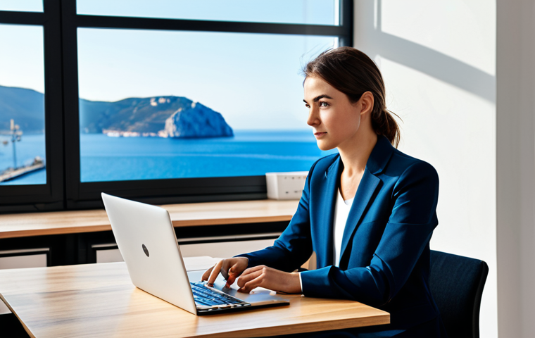 A professional business person in a modest business casual outfit, fully clothed, appropriate attire, professional dress, sitting comfortably at a sleek, minimalist desk, focused on a laptop screen, natural pose. The setting is a modern, sunlit co-working space with large windows overlooking the stunning Mediterranean Sea and the iconic Rock of Gibraltar. Digital interface elements are subtly visible on the screen, representing fast connectivity. The space features clean lines and abundant natural light. safe for work, appropriate content, fully clothed, professional, perfect anatomy, correct proportions, well-formed hands, proper finger count, natural body proportions, professional photography, high resolution, ultra-detailed, realistic.